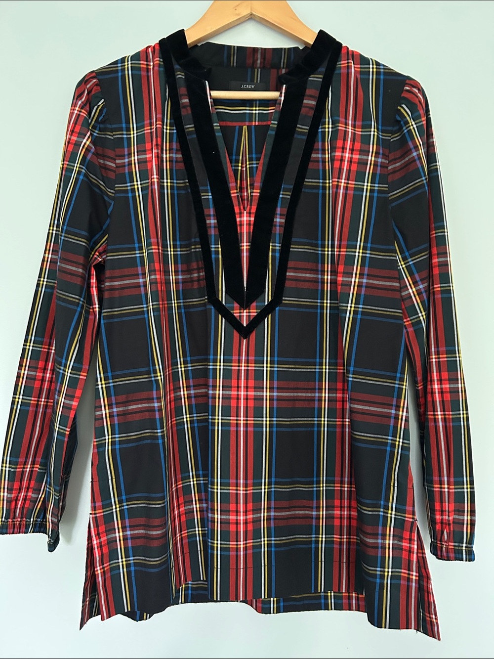 New J. Crew Red and Black Plaid Long-Sleeve Tunic with Velvet Trim